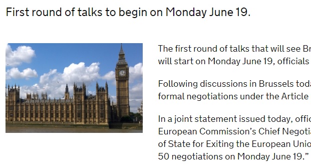 英國政府宣布，官員確認6月19日正式展開第1輪脫歐談判。 圖：翻攝英國政府官網