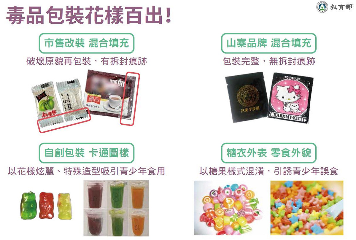 新興毒品樣貌百出，教育部提醒民眾嚴加防範。 圖：教育部/提供。