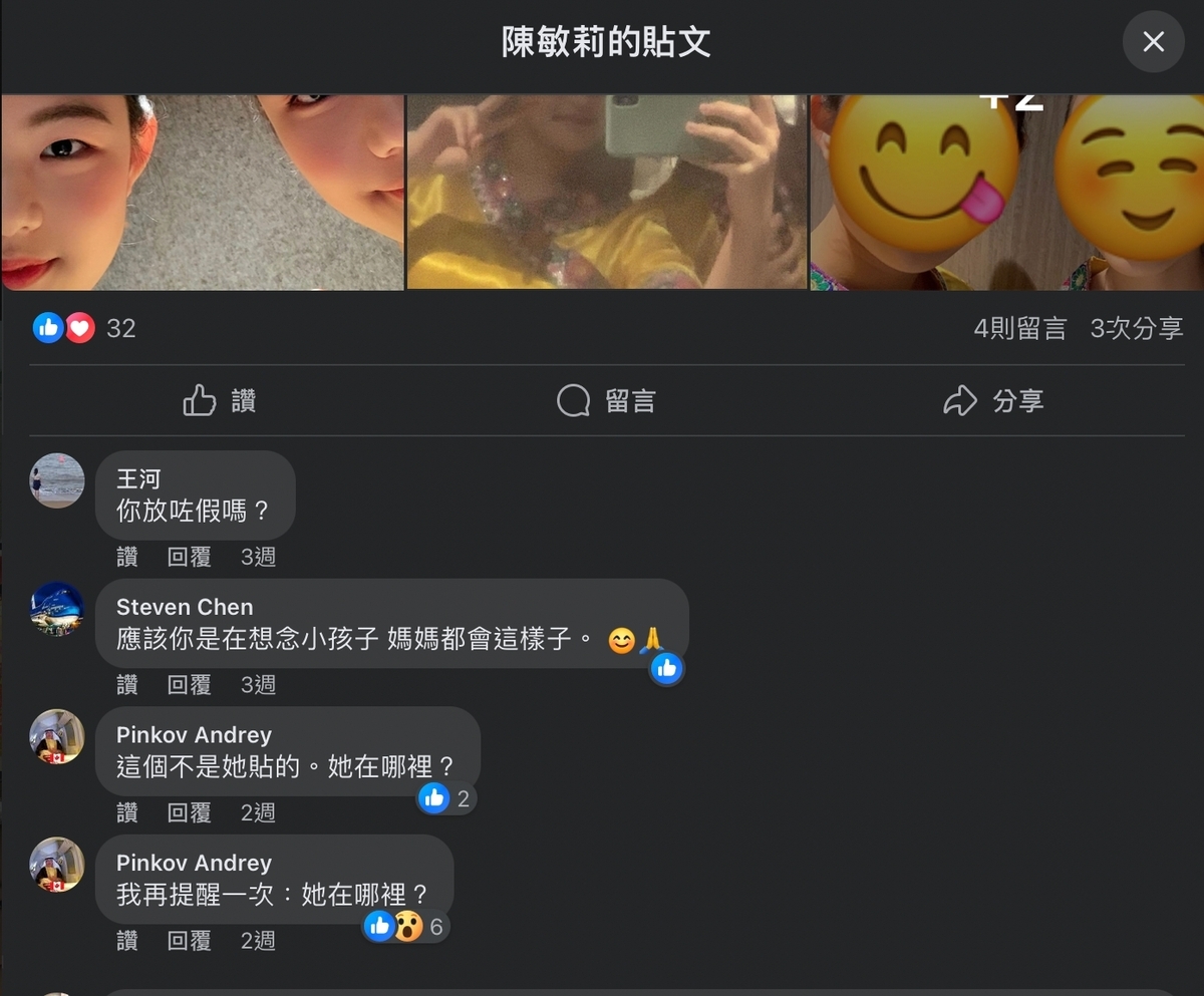 而儘管陳敏莉臉書在 11 月 1 日、11 日均有新貼文，與其有私交的美籍軍事評論員平可夫仍質疑她失聯後的最新貼文非為其本人張貼。 圖：擷自陳敏莉臉書