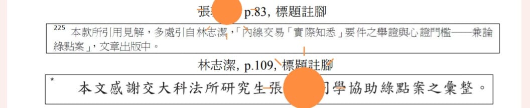 林志潔指出，該學生也有在論文中提及本文關於內線交易的見解，多處參考林志潔「內線交易實際知悉要件舉證與心證門檻」一文，並說明該文是在審查出版中。 圖：取自林志潔臉書