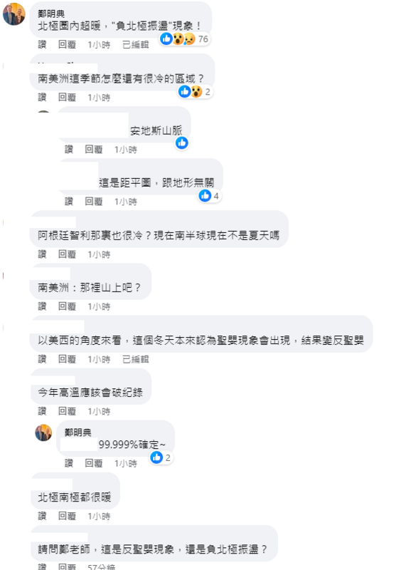 目前暖區明顯大於冷區，讓今年高溫破紀錄的機率非常高，鄭明典也表示破紀錄是「99.999％確定」。 圖：取自鄭明典