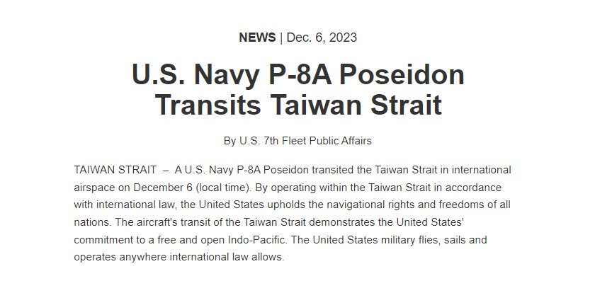 美國海軍第七艦隊發布新聞稿，證實P-8A「海神式」(Posedon)海上巡邏機穿越台灣海峽。 圖：翻攝c7f.navy.mil