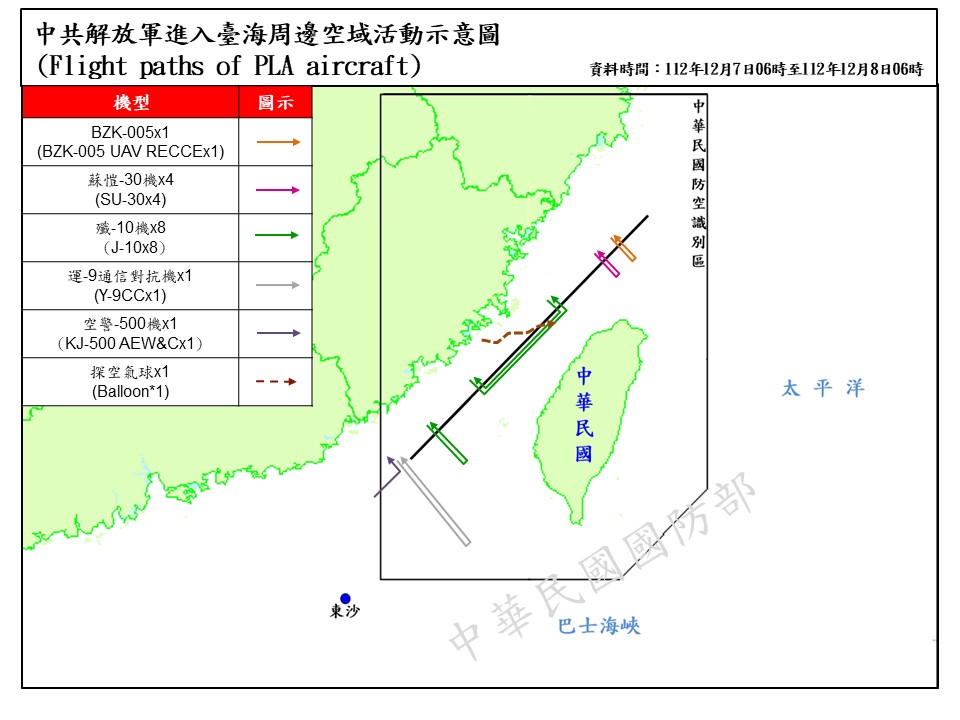 國防部今(8)日公布「中共解放軍臺海周邊海、空域動態」。 圖：國防部/提供