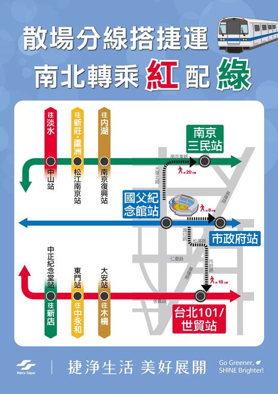 北捷建議觀賞亞錦賽的觀眾，牢記「散場分線搭捷運、南北轉乘紅配綠」口訣。 圖：台北大眾捷運股份有限公司／提供