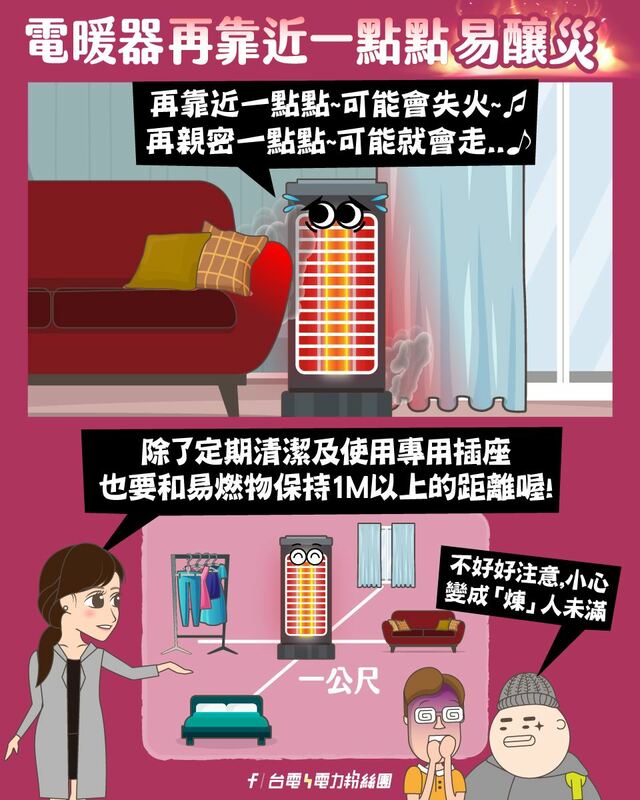 台電表示，使用電暖器一定要注意安全，否則很容易釀災。 圖：取自台電電力粉絲團