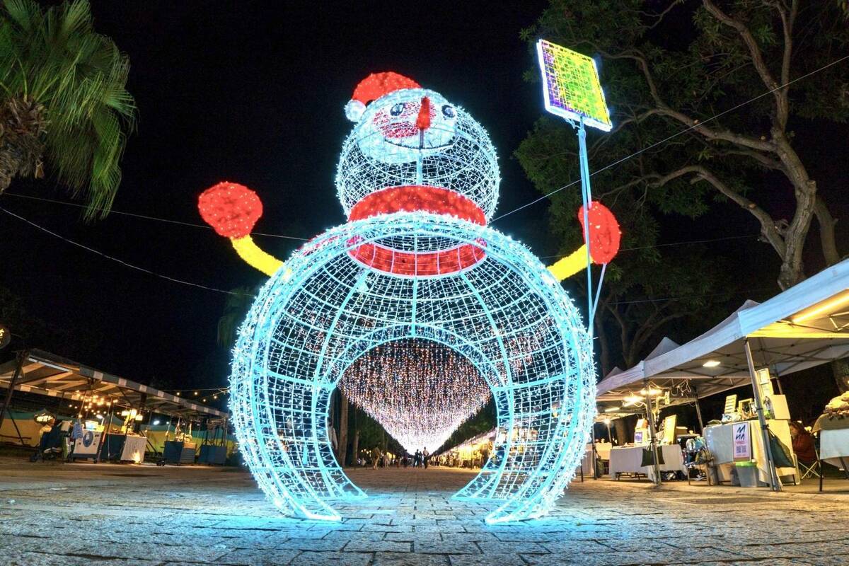 雪寶拍拍樂」大雪人可以讓人在燈飾裡自拍，相當吸睛。 圖：取自台東縣交觀處臉書