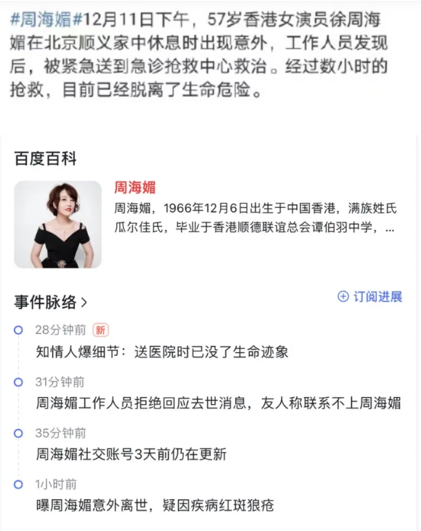 有人指周海媚目前還在急診室搶救，目前已脫離險境。 圖 : 翻攝自微博