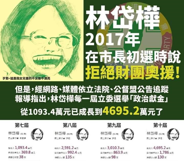 陳若翠臉書文宣指林岱樺當立委後財富暴漲，後者表示將提告。 圖：翻攝陳若翠臉書