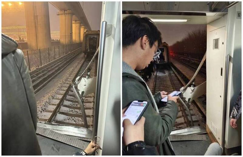 北京地鐵一輛列車末兩節車廂在行駛途中突然與本體分離，有數名站在車廂連接空間的乘客受傷。 圖：翻攝微博