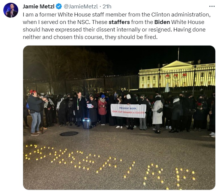 美國前白宮官員Jamie Metzl在推特分享拜登政府公務員抗議現場，他們舉行守夜活動，點燃蠟燭，拼出「停火」字樣。 圖：翻攝自Jamie Metzl推特