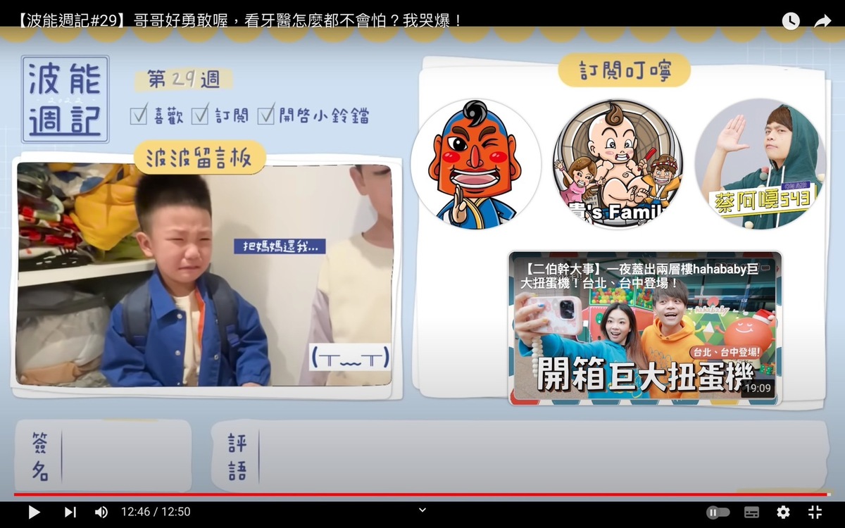 蔡波能看到二伯的妝竟當場嚇哭，表示「這不是我媽媽，把媽媽還我」。 圖：翻攝自嘎嫂二伯&amp;蔡波能's Daily YT頻道