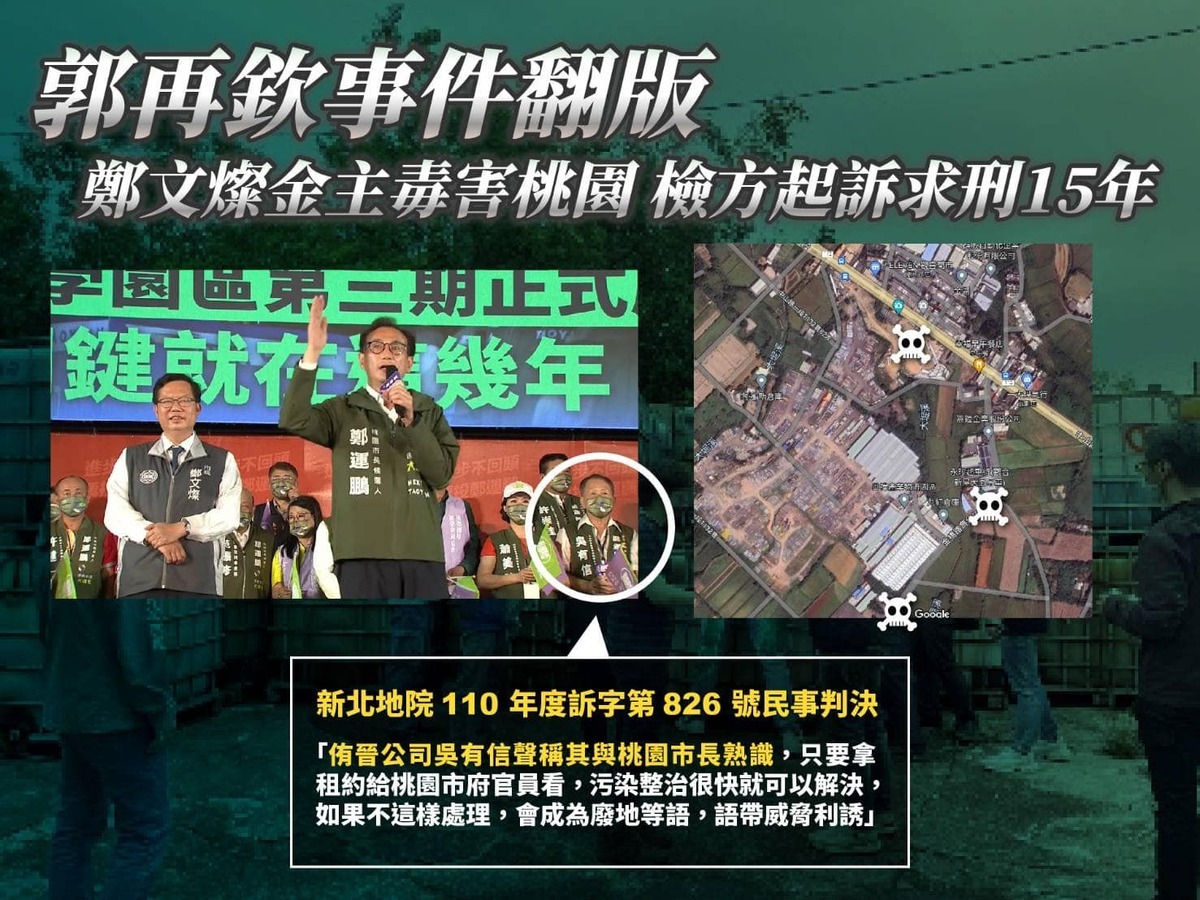 因非法焚化有害廢棄物達 675 噸遭起訴的環保公司負責人吳有信，遭黃國昌指為鄭文燦「大金主」。鄭文燦做出7點回應，批評「真實惡意與政治利益，讓黃國昌不斷扭曲事實，任意踐踏他人」。 圖：取自黃國昌臉書