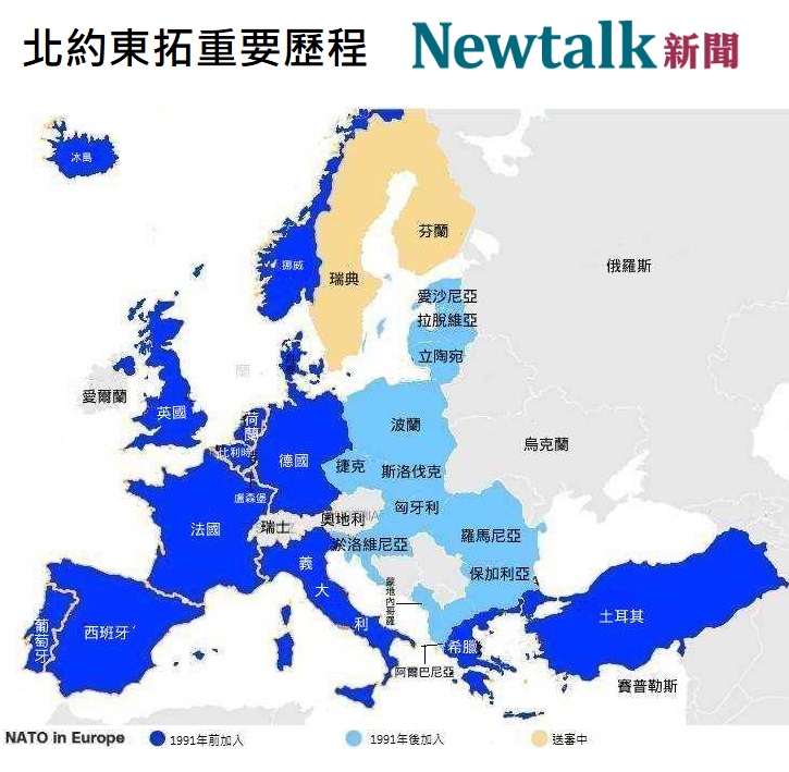 北約東拓，隨著芬蘭入約，瑞典也將加入，對俄國增加了威脅。 圖 : 新頭殼製作