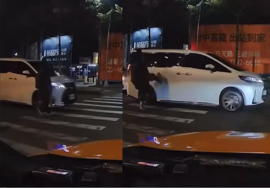 台南一名男子因過斑馬線差點被車撞，憤而怒踹Lexus LM車門。 圖:爆料公社