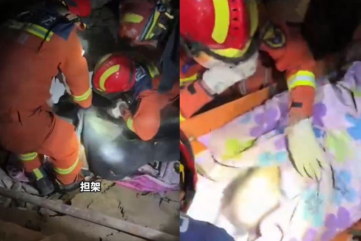 中國甘肅臨夏州積石山縣18日深夜發生規模6.2極淺層地震，救難人員搶救傷患。 圖：翻攝微博