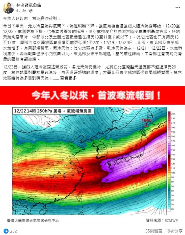 《林老師氣象站》表示，冷空氣強度介於強烈大陸冷氣團到寒流等級，中部以北及宜蘭地區最低溫在攝氏10至11度以下。 圖：取自《林老師氣象站》