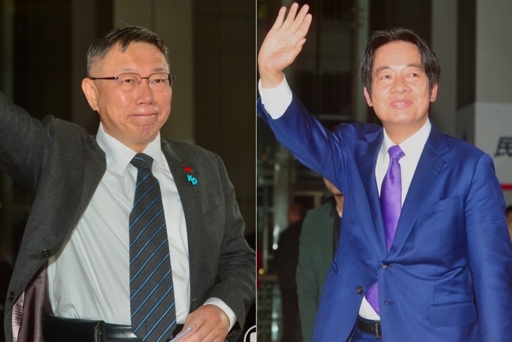 賴清德(右)向柯文哲(左)表示，「柯主席，你以前常常說我都穿西裝，現在穿得比我還更多」，現場氣氛難得輕鬆。 圖：張良一/攝（資料照）