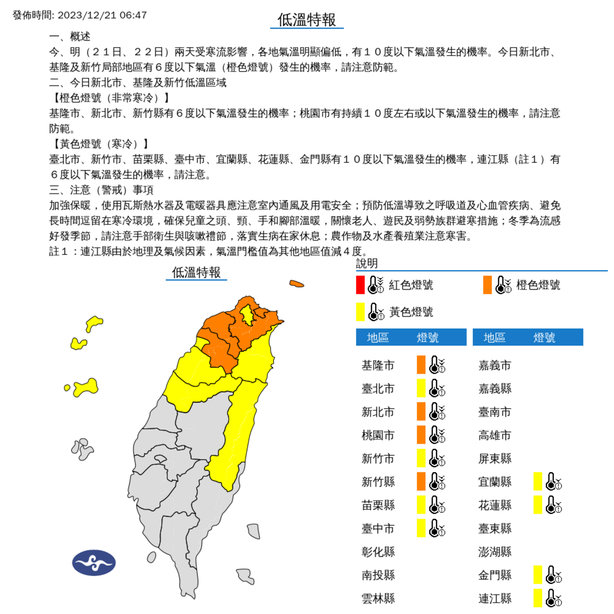 今天包括新北市、基隆與新竹縣，局部地區有6度以下氣溫發生的機率，桃園市也有持續攝氏10度以下氣溫機率，非常寒冷！ 圖：中央氣象署／提供