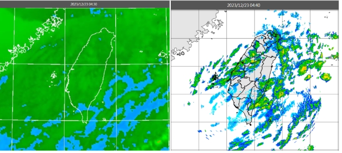 今(23日)晨4：30紅外線色調強化雲圖顯示，南方中層雲系移入，迎風面仍有低層雲(左圖)。4：40雷達回波合成圖顯示，雲層皆伴隨弱降水回波(右圖)。 圖/取自「三立準氣象.老大洩天機」專欄