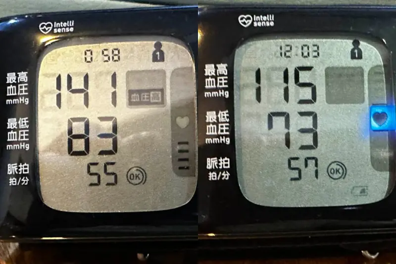 鄭明典PO出開暖氣前的數值為141／83mmHg；然而開暖氣後，血壓就逐漸恢復正常數值115／73mmHg。 圖：翻攝自鄭明典臉書