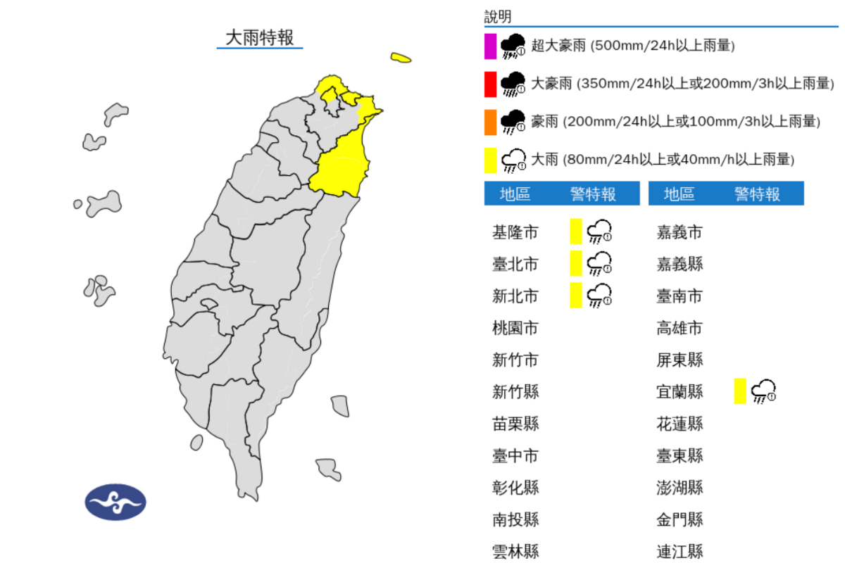 東北風影響，今(24)日基隆北海岸，宜蘭地區及臺北市山區有局部大雨發生的機率，連日降雨，山區慎防坍方及落石。 圖片來源/氣象局