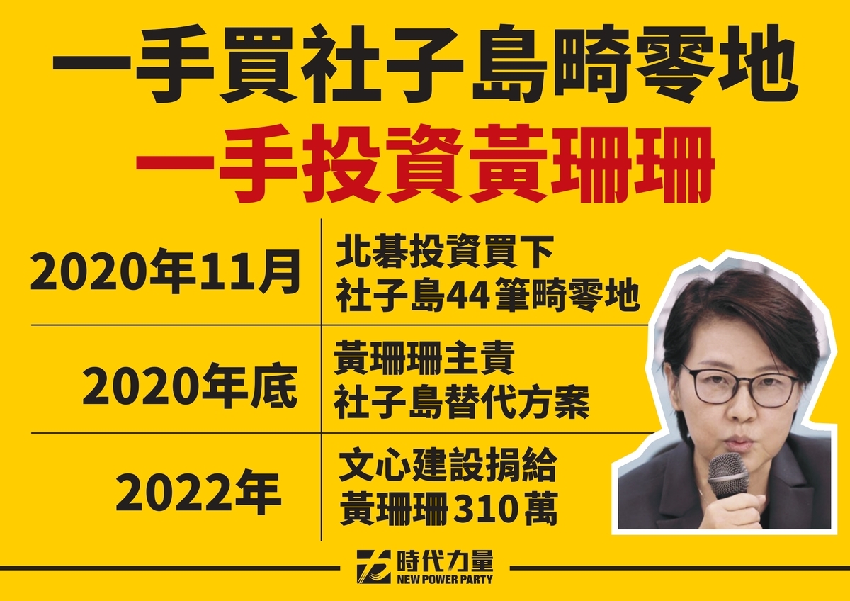 時代力量召開記者會，質疑柯文哲競選總幹事黃珊珊與建商在社子島開發案上存在對價關係。 圖：時代力量/提供