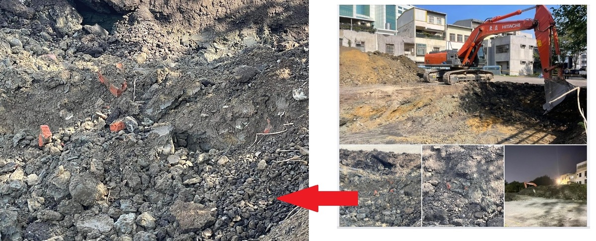 政治工作者周軒在臉書po出「炒地P汽車農場開挖速報Day4」，赫然發現該特定農業區域埋有紅磚、水泥塊等（左圖），而怪手挖掘方式也引起網友質疑（右圖上）。 圖：翻攝自周軒臉書／新頭殼合成