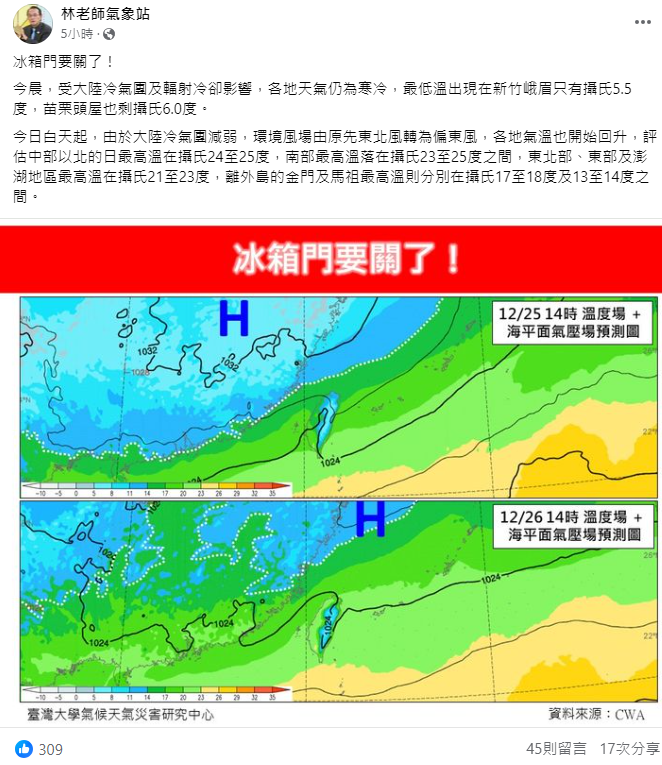 《林老師氣象站》指出，「冰箱門要關了」，近期的低溫已到尾聲，今(26)日白天開始，大陸冷氣團減弱氣溫回升。 圖：取自林老師氣象站