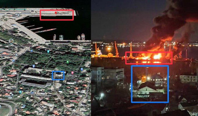 當地時間 26 日凌晨俄羅斯費奧多西亞港地區發生多起劇烈爆炸，圖為費奧多西亞港衛星圖。 圖：翻攝自X帳號「@bayraktar_1love」