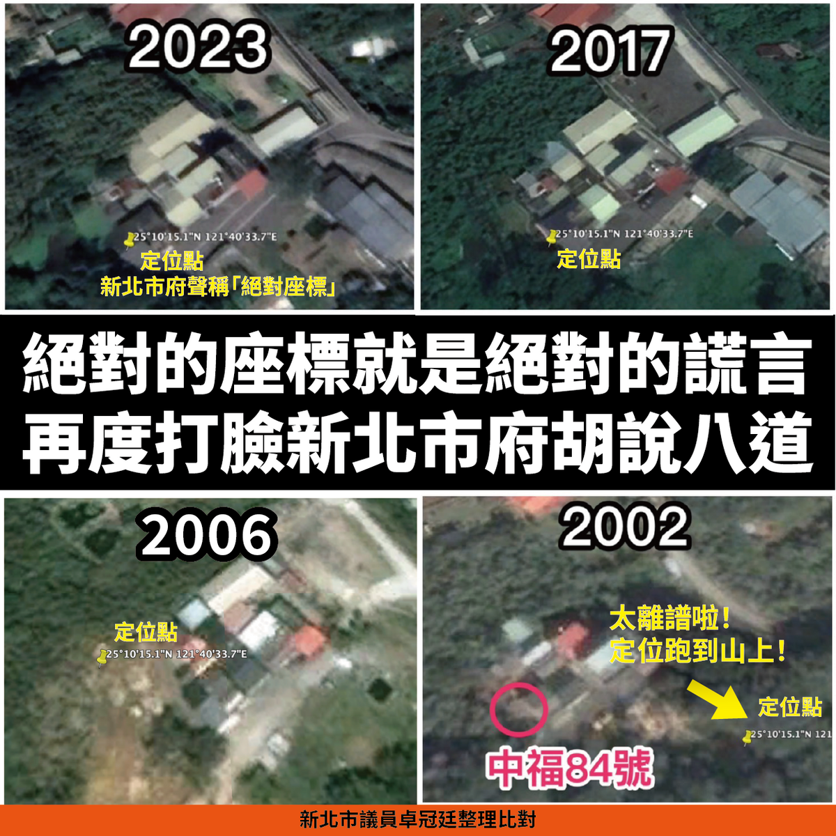 卓冠廷直指「新北市府所稱『絕對的座標』是絕對的謊言。」 圖：翻攝卓冠廷臉書