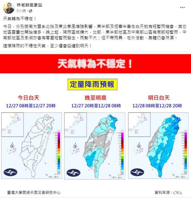 《林老師氣象站》指出，晚上起降雨區域擴大，北部、東半部地區及中南部山區有局部短暫雨，中南部地區及澎湖亦會有零星短暫雨發生。 圖：取自林老師氣象站