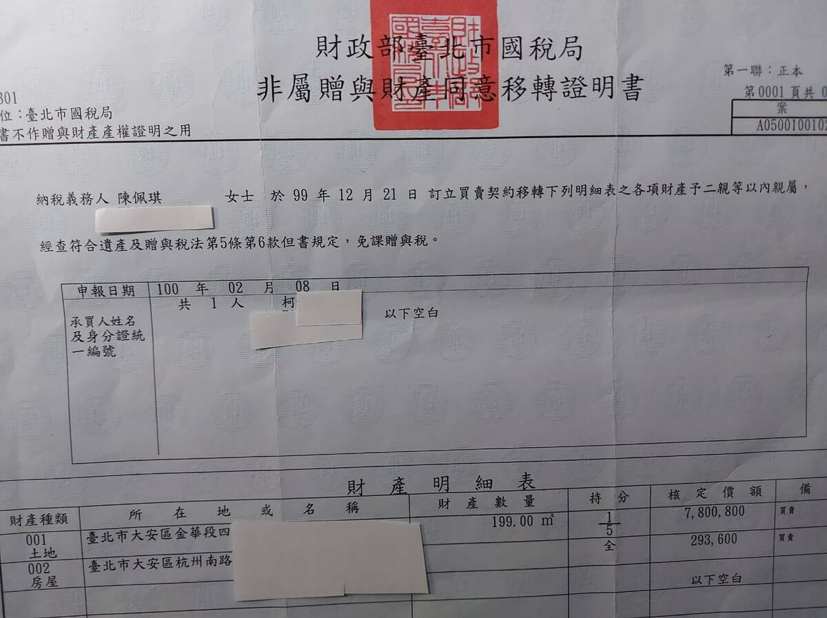 民眾黨總統候選人柯文哲夫人陳佩琪提供國稅局非屬贈與財產同意移轉證明書。 圖：翻攝陳佩琪臉書