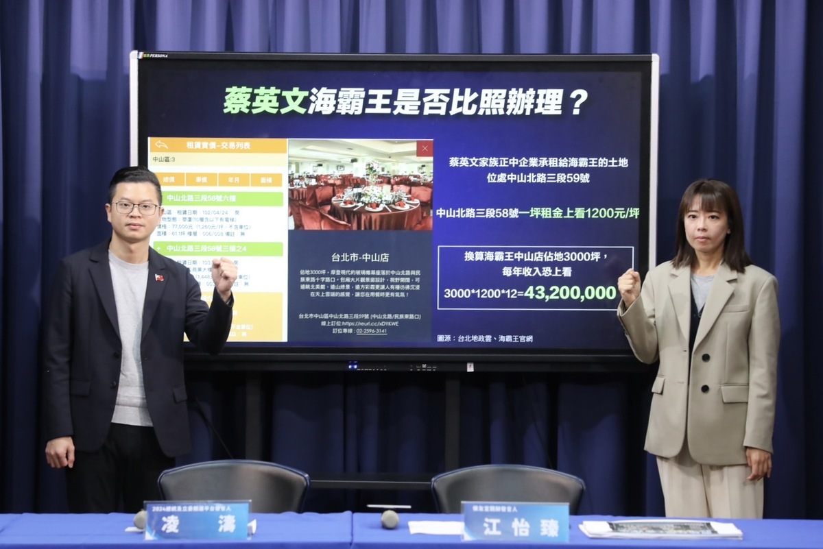 國民黨召開記者會，質疑因民進黨標準，總統蔡英文家族出租給海霸王的土地，是否也應該捐作公益？ 圖：國民黨文傳會/提供