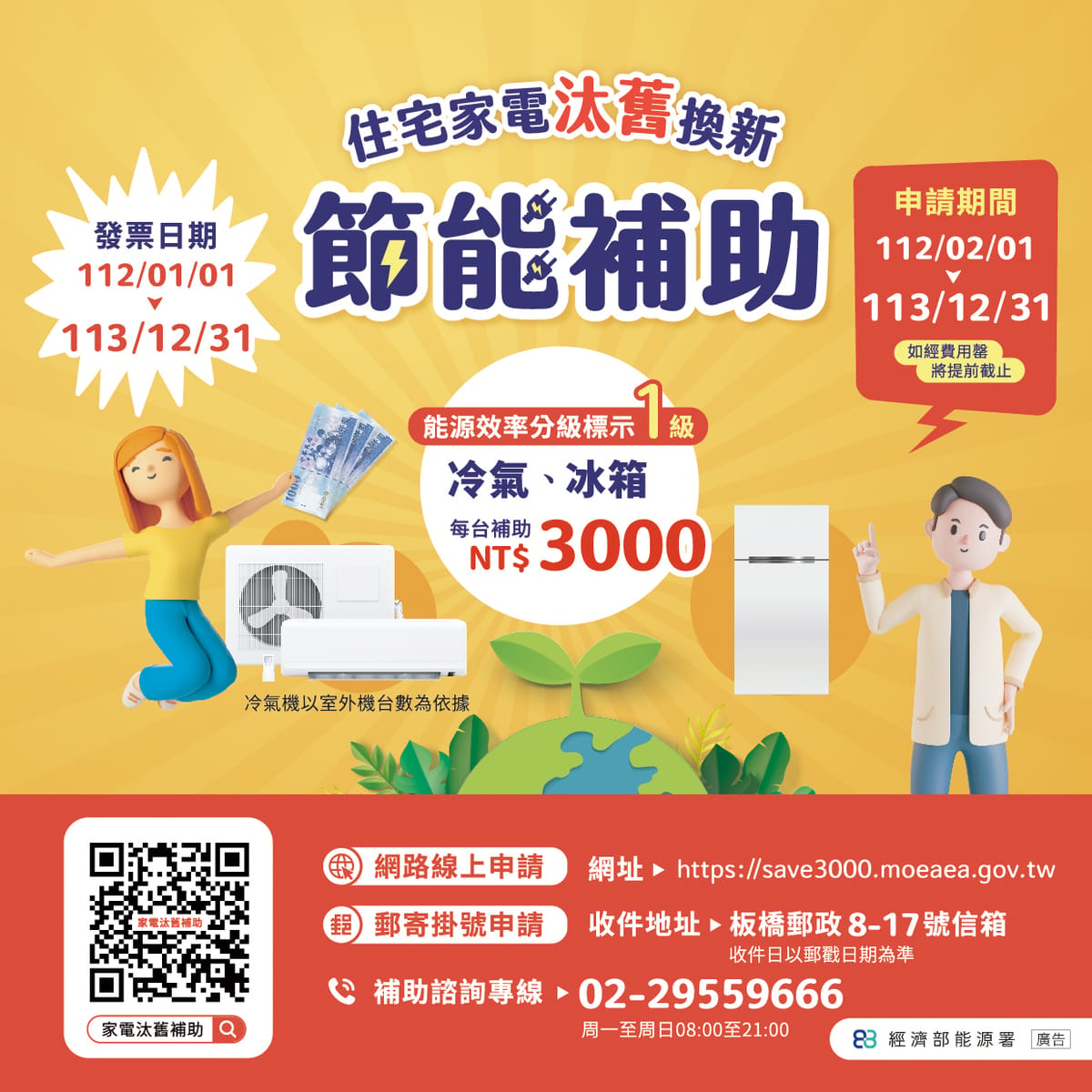 為加速住家汰換老舊冷氣及冰箱，明年將繼續辦理家電汰舊換新補助，並預計有64萬台補助申請額度。 圖：能源署／提供