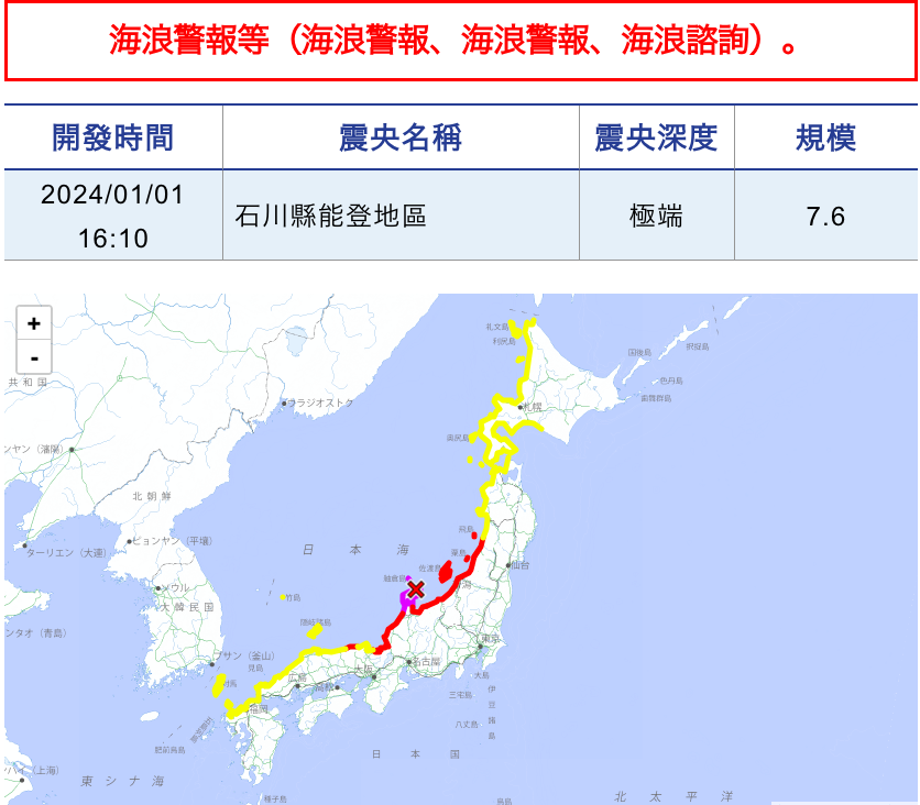 日本石川縣能登地方當地時間今天下午4時許接連發生地震，最大規模7.6。日本氣象廳原本對能登地區發布海嘯高度3公尺以上的「大海嘯警報」，於晚間8時30分降級為1公尺到3公尺間的「海嘯警報」。 圖：翻攝自日本氣象廳