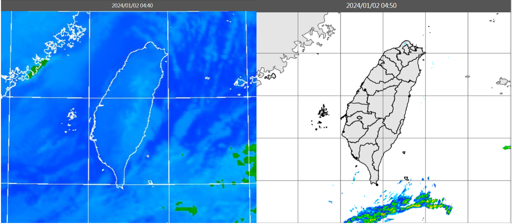 今日清晨紅外線色調強化雲圖顯示，各地晴朗雲層稀疏(左圖)。4：50雷達回波合成圖顯示，陸上無降水回波。 圖：翻攝自老大洩天機專欄