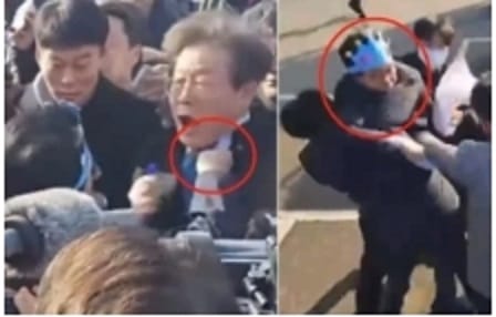 李在明今 ( 2 ) 日在韓國釜山出席活動時遇襲。據悉，李在明頸部受傷流血，目前意識清醒，暫時沒有生命危險。 圖 : 翻攝自海外網