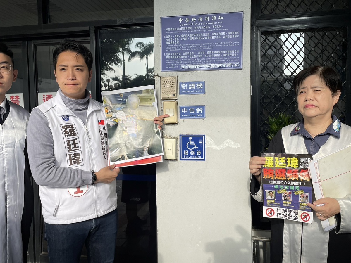 羅廷瑋到台中地檢署控告多名民進黨市議員抹黑他。 羅廷瑋競總/提供