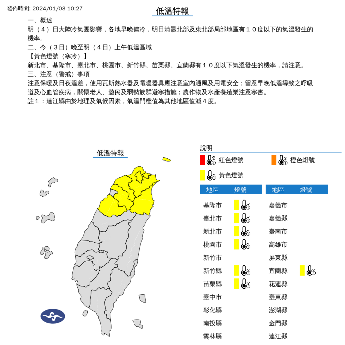 受到大陸冷氣團影響，各地早晚偏冷，氣象署對北部7縣市發布低溫特報。 圖：取自中央氣象署