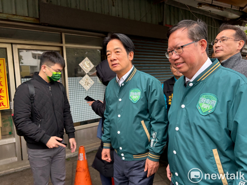 賴清德在鄭文燦、鄭運鵬的陪同下赴桃園龜山壽山巖觀音寺參香並受訪。 圖：黃宣尹/攝