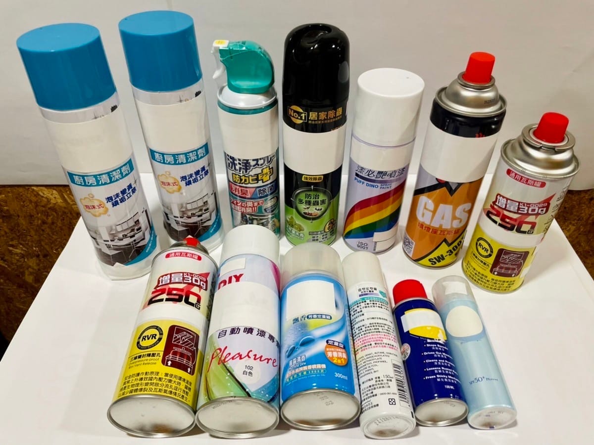 常見高壓瓶罐：廚房清潔劑、瓦斯罐、防曬噴霧、髮膠噴霧、殺蟲劑、噴漆。 圖：屏東縣府環保局／提供