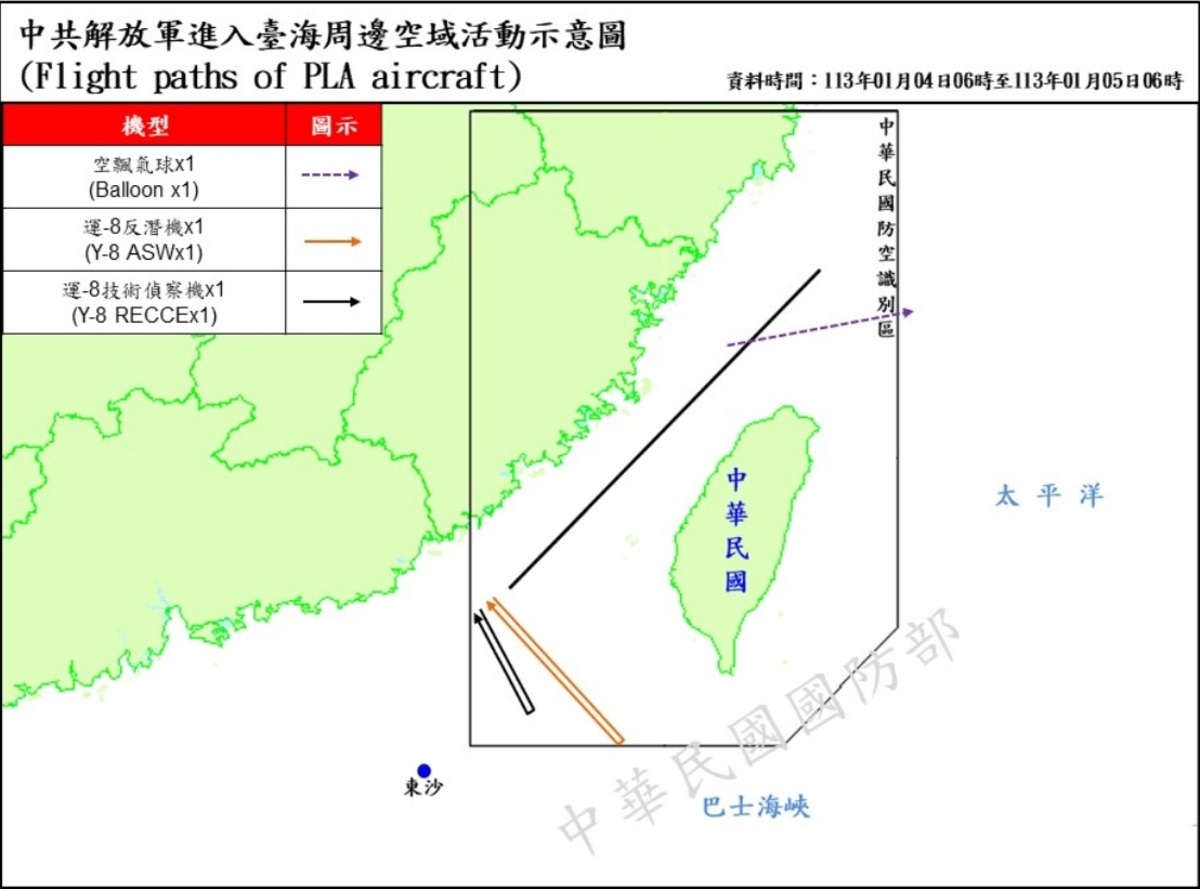 國防部5日發布解放軍在台海周邊海、空域活動動態，計發現8機4艦1氣球，其中2架次軍機進入西南防空識別區，氣球則從台灣北部海域經過，是今年第10枚。 圖：翻攝mnd.gov.tw