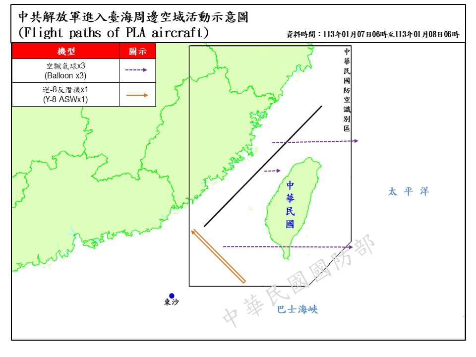 中共解放軍進入台海周邊空域活動示意圖。 圖：取自國防部官網