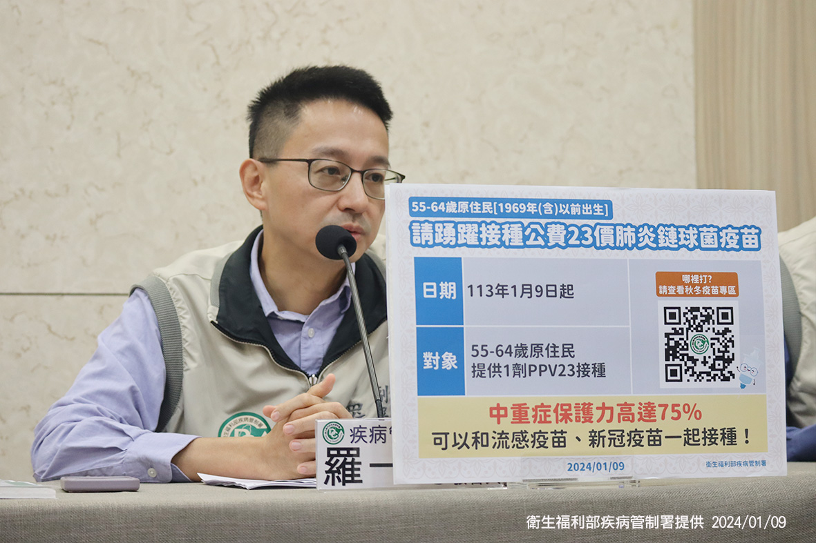 疾管署副署長羅一鈞今(9)日表示，為避免55-64歲原住民發生侵襲性肺炎鏈球菌感染症(IPD)風險，及降低感染後併發重症及死亡機率，55-64歲原住民可接種PPV23。 圖：疾管署／提供