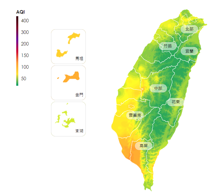 中國上海一帶PM2.5小時濃度約80到120微克/立方公尺，今日清晨起東北季風逐漸增強，隨大陸冷氣團南下影響空氣品質。 圖：翻攝自環境部空品監測網
