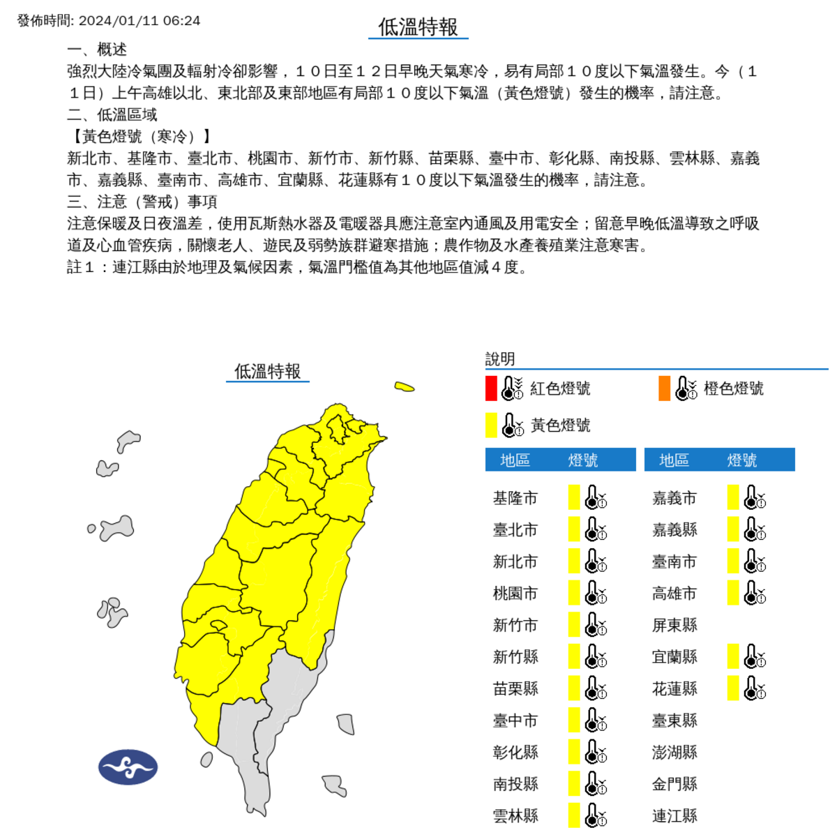 今天上午，高雄以北、東北部與東部地區等17縣市，將有局部攝氏10度以下氣溫發生機率，請民眾務必注意保暖。 圖：中央氣象署／提供
