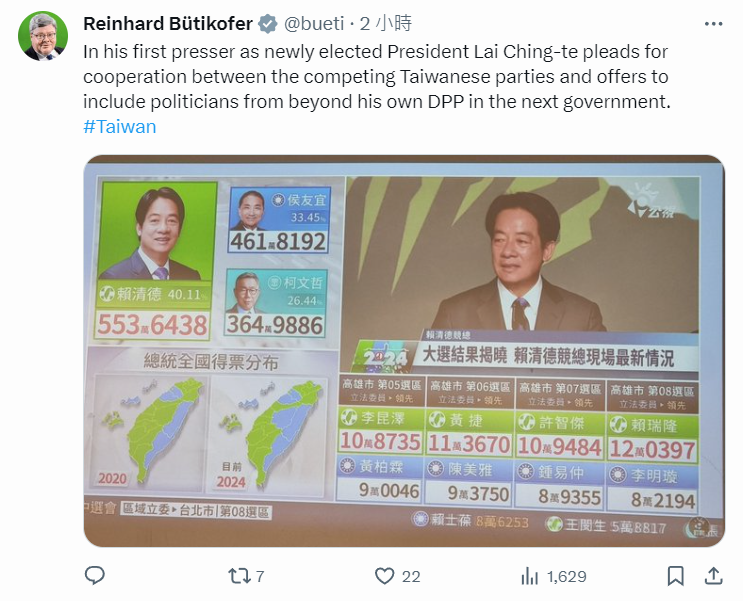 歐洲議會的挺台議員包瑞翰（Reinhard Bütikofer）也在社群媒體平台上即時表達對台灣大選的關切，分享賴清德提出願與競爭黨合作組成新政府的說法。 圖 : 翻攝自X帳號 @bueti