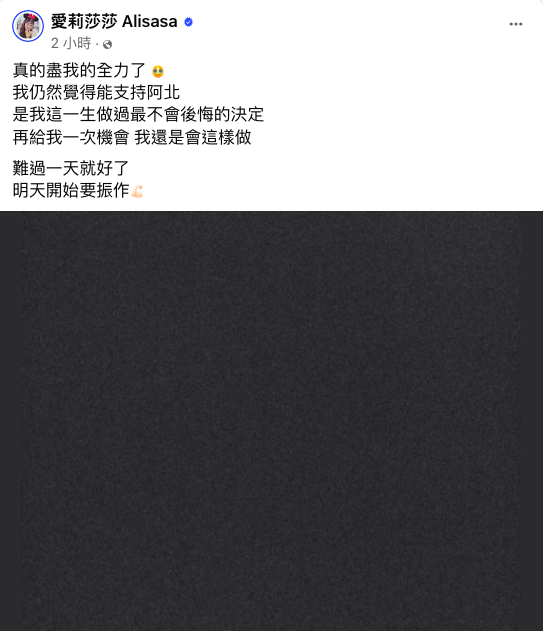 愛莉莎莎在臉書發文表示「真的盡我的全力了」，支持柯文哲是她這一生做過最不會後悔的決定。 圖：翻攝自愛莉莎莎臉書