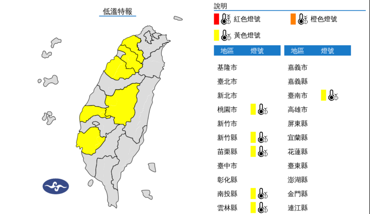 輻射冷卻影響，各地氣溫明顯偏低，氣象署發布低溫特報。