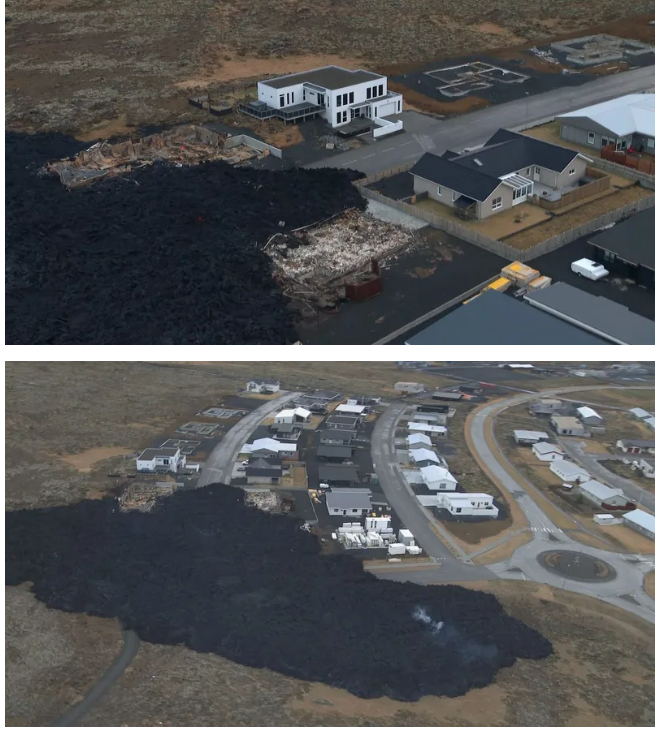 冰島廣播公司RUV報導，火山灰擠進格林達維克鎮的街道，部分道路隆起，幾乎一層樓高的黑灰像黑色火龍盤踞。 圖：翻攝自RUV官網